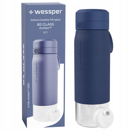 Wessper Butelka szklana na wodę filtrująca B2 GLASS Actitex granatowa 700 ml