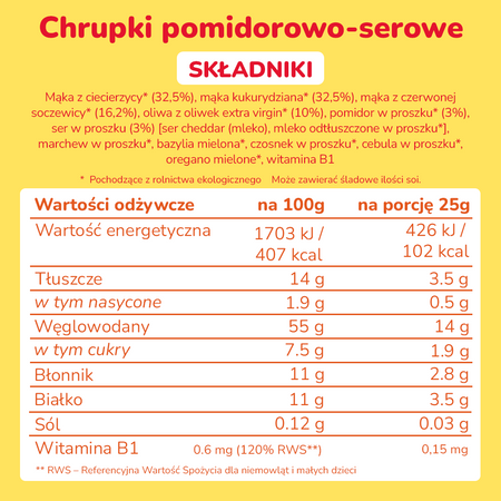 Smileat, BIO Smilondas, Chrupki z ciecierzycy, kukurydzy i soczewicy, pomidorowo-serowe 15m+, 25 g
