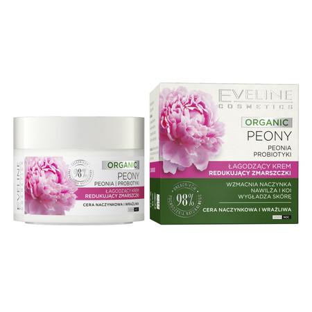 Eveline Organic Peony Łagodzący Krem redukujący zmarszczki na dzień i noc - cera naczynkowa i wrażliwa 50ml