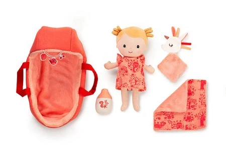 LILLIPUTIENS Lalka dzidziuś w gondoli z komforterem i butelką mleka Lena 12 m+