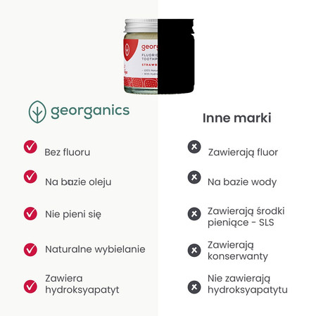 Georganics, Naturalna pasta do zębów w słoiku, dla dzieci, z fluorem, do codziennej pielęgnacji, smak truskawkowy, 3+, 60 ml