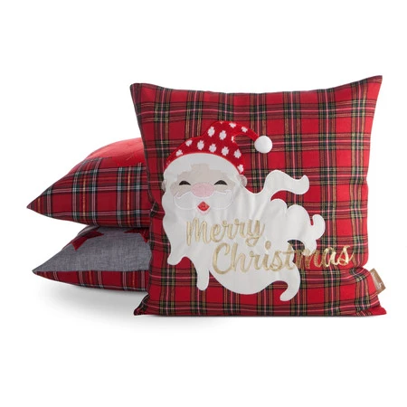 Poszewka świąteczna 45x45 cm – w kratę z haftem Mikołaja