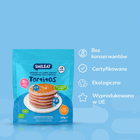 Smileat, BIO Tortitas, Mieszanka z pełnoziarnistych płatków owsianych i jagód do naleśników , +8m, 125g
