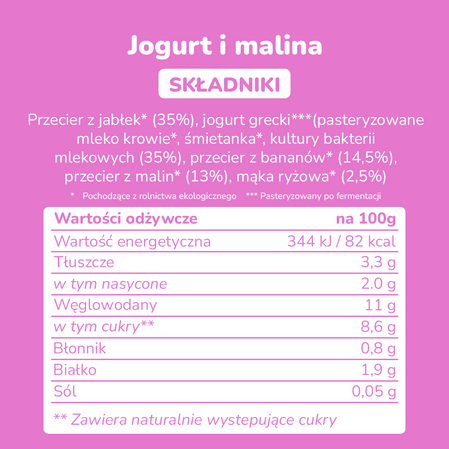 Smileat, BIO Mus z malinami i jogurtem 9m+, 100g