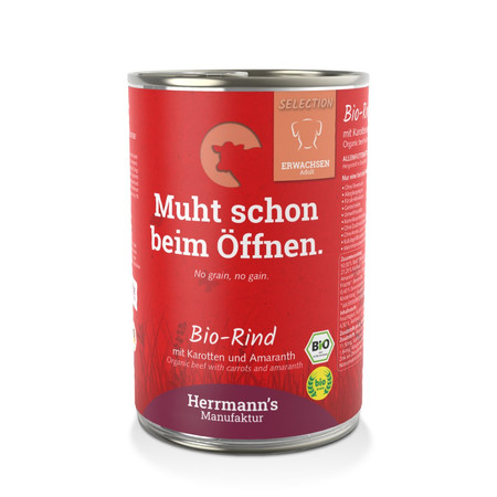 Zestaw 10x HERRMANN'S MANUFAKTUR Selection Dog Bio Rind - bio wołowina z marchwią (400g)