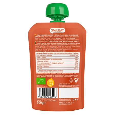 Smileat, BIO Mus z ekologicznymi migdałami, kakao i truskawkami, 100g