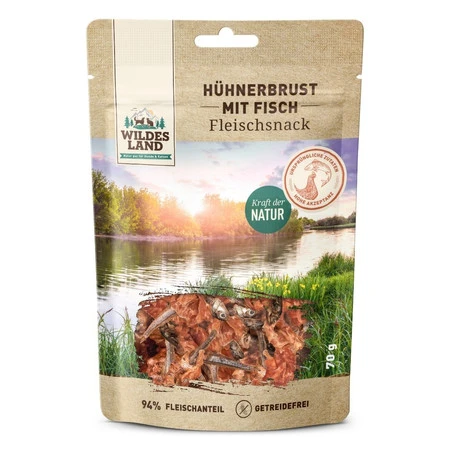 WILDES LAND Hühnerbrust mit Fisch - filet piersi kurczaka z rybkami - przysmaki mięsne dla psa i kota (70g)