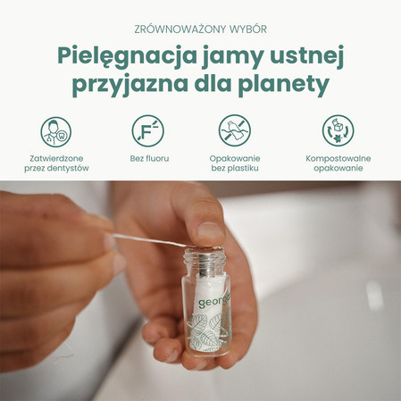 Georganics, Naturalna nić dentystyczna z jedwabiu, w szklanym opakowaniu Zero Waste, do codziennej pielęgnacji, smak mięty pieprzowej, 50 m