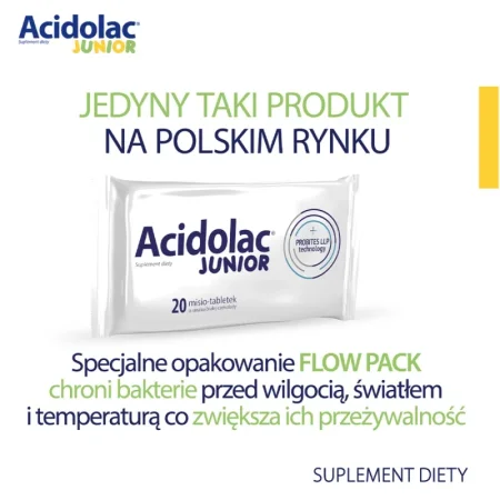 Acidolac Junior wsparcie mikroflory jelitowej i odporności dzieci 20 misio-tabletki smak czekoladowyi