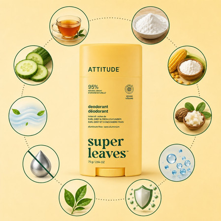 Attitude Super Leaves, Dezodorant w sztyfcie, Earl Grey i świeży ogórek, 75 g
