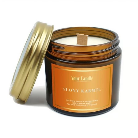 ŚWIECA SOJOWA ZAPACHOWA Z DREWNIANYM KNOTEM SŁONY KARMEL 120 ml - YOUR CANDLE