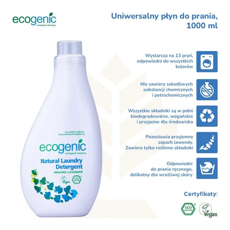 Ecogenic, Hipoalergiczny płyn do prania, Lawenda, 1000 ml