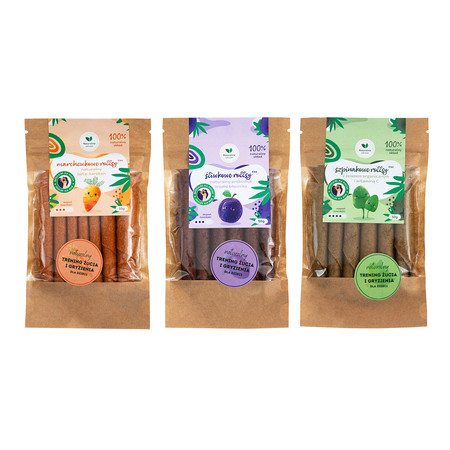 Zestaw mix smaków Naturalnie Zdrowi: 1x Szpinakowe rollsy z żelazem i witaminą C 50g, 1x Marchewkowe rollsy naturalny 50g i 1x Śliwkowe rollsy z inuliną 50g