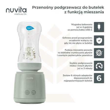 Nuvita, Warm'n'Mix Przenośny podgrzewacz do butelek z mieszadełkiem, Sage Green