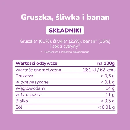 Smileat, BIO Deser z gruszkami, śliwkami i bananami 6m+, 130g