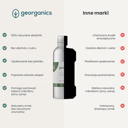 Georganics, Olej do płukania jamy ustnej, z naturalnym składem, do codziennej pielęgnacji, smak drzewa herbacianego, 100 ml