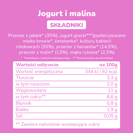 Smileat, BIO Mus z malinami i jogurtem 9m+, 100g