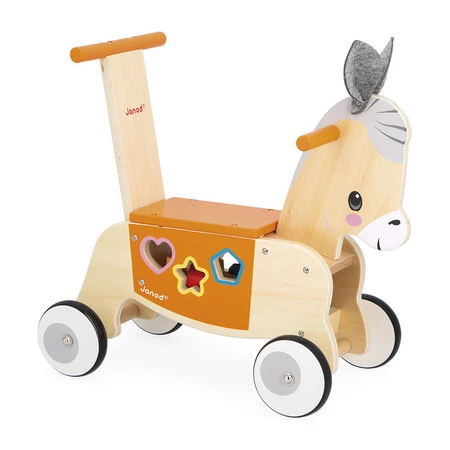 Janod Jeździk i pchacz 2w1 z sorterem kształtów Osiołek Farma 12m+; one size