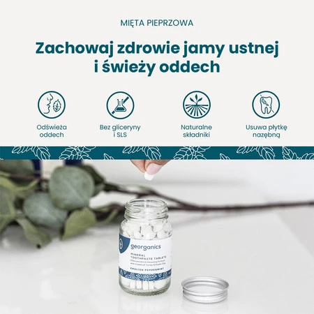 Georganics, Naturalne tabletki do mycia zębów, do codziennej pielęgnacji, smak mięty pieprzowej, 120 tabletek