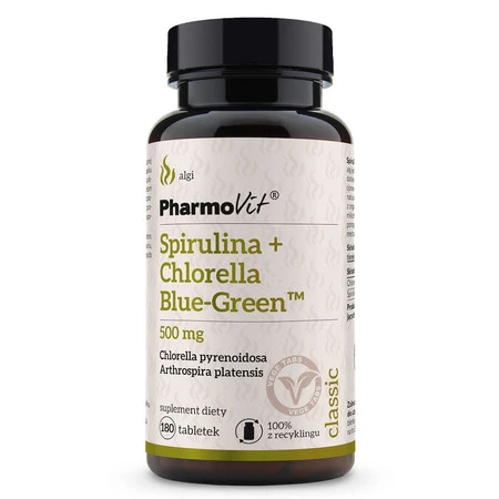 Pharmovit SPIRULINA + CHLORELLA BLUE-GREEN (500 mg) BEZGLUTENOWA 180 tabl.