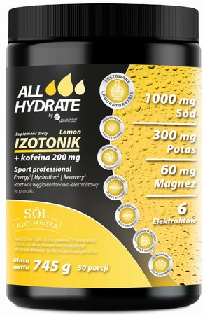 Aliness ALLHydrate, Izotonik Sport Lemon+Kofeina 200mg, 745g, 50 porcji