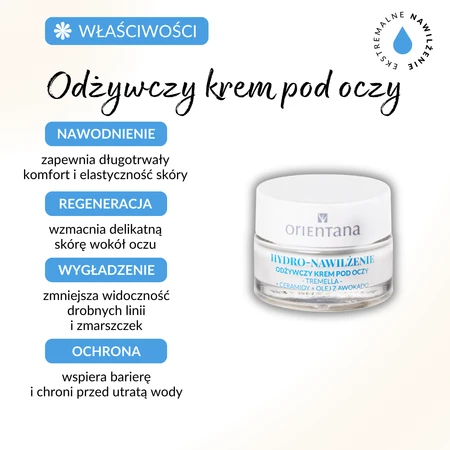 Orientana Hydro Nawilżenie Odżywczy Krem pod oczy Tremella Ceramidy Olej Awokado, 15ml