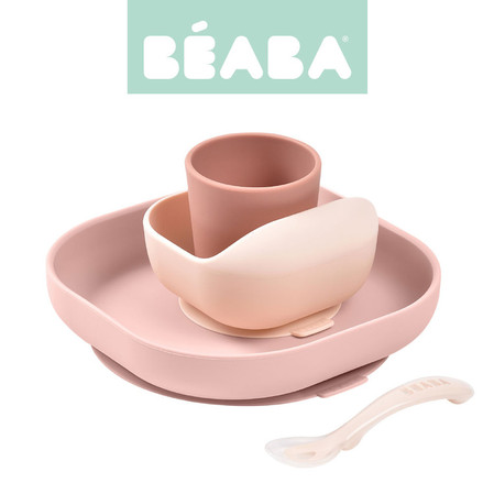 Beaba, Komplet naczyń z silikonu z przyssawką, pink