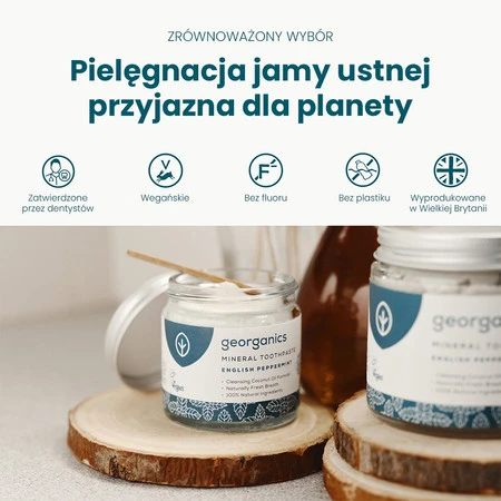 Georganics, Mineralna pasta do zębów w słoiku, bez fluoru, do codziennej pielęgnacji, smak mięty pieprzowej, 60 ml