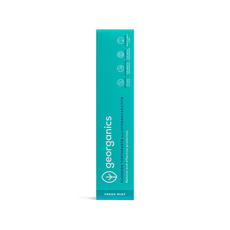 Georganics, Naturalna, remineralizująca pasta do zębów, z hydroksyapatytem i fluorem, do codziennej pielęgnacji i na świeży oddech, smak świeżej mięty, 75 ml