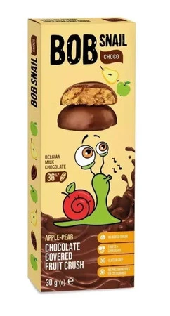 PRZEKĄSKA CHOCO JABŁKO - GRUSZKA W MLECZNEJ CZEKOLADZIE BELGIJSKIEJ BEZ DODATKU CUKRU BEZGLUTENOWA 30 g - BOB SNAIL