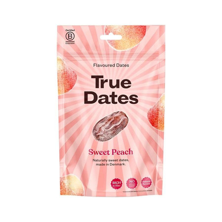 Zestaw smaków: 1x True Dates Sweet Peach daktyle o smaku słodkiej brzoskwini 100g, 1x True Dates Cookie Dough daktyle o smaku ciasteczkowym 100g i 1x True Dates Pistachio Cream daktyle o smaku kremu pistacjowego 100g