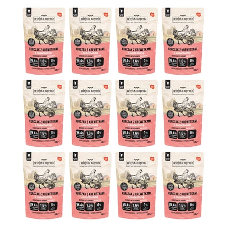 Zestaw 12x Wiejska Zagroda Kurczak z krewetkami i walerianą - mokra karma dla kota - 100g
