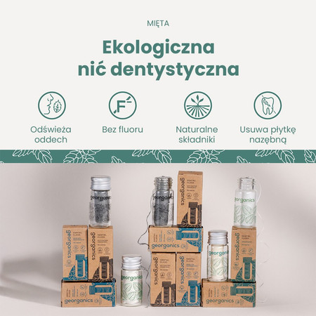 Georganics, Naturalna nić dentystyczna w szklanym opakowaniu Zero Waste, do codziennej pielęgnacji, smak zielonej mięty, 50 m