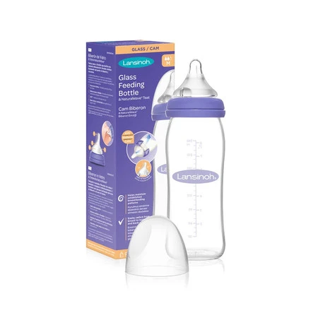 Lansinoh, mOmma, Szklana butelka ze smoczkiem o średnim przepływie Natural Wave, 240 ml