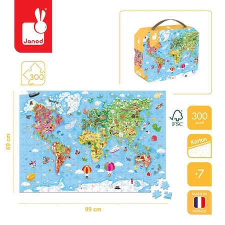 Janod Puzzle w walizce Ogromna mapa świata 300 elementów 7+ Made in France (stary indeks: J02656)