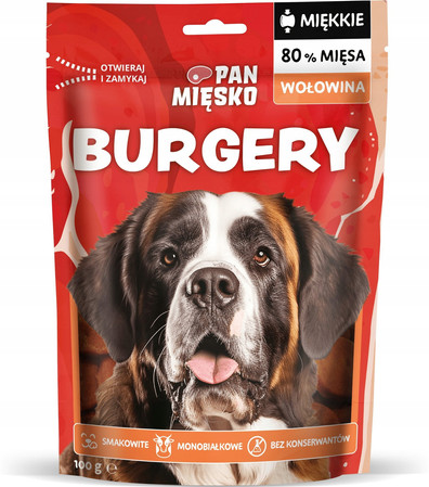 Pan Mięsko Burgery Wołowina - Przysmak dla psa - 100g KRÓTKA DATA 2026-11-22