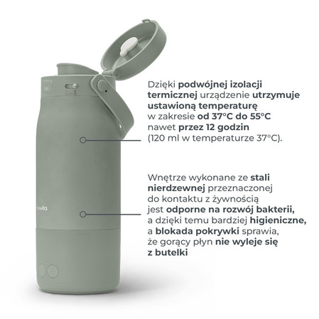 Nuvita, Przenośna butelka 3w1 do podgrzewania wody mleka i posiłku, Szałwiowa Zieleń