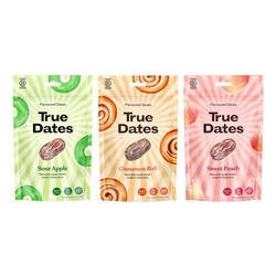 Zestaw smaków: 1x True Dates Sour Apple 100g, 1x 	 True Dates Cinnamon Roll 100g i 1x True Dates Sweet Peach 100g