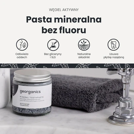 Georganics, Mineralna pasta do zębów w słoiku, bez fluoru, do codziennej pielęgnacji, z aktywnym węglem, 60 ml