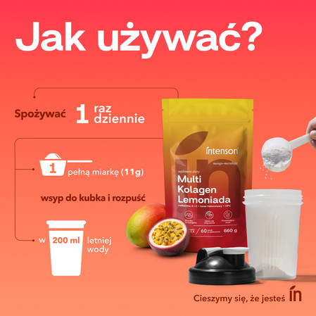 Zestaw Intenson: 1x Multi Kolagen Lemoniada Witamina C, Kwas Hialuronowy o smaku mango marakuja 220g i 1x Kreatyna Monohydrat 255g pure