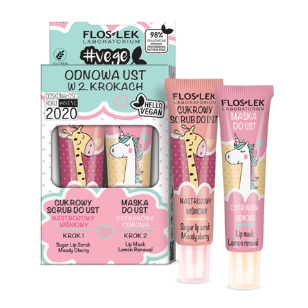 Floslek - Vege Lip Care zestaw odnowa ust w 2 krokach cukrowy scrub nastrojowy wiśniowy + maska do ust cytrynowa odnowa - 2x14g