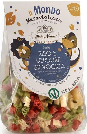 MAKARON (RYŻOWY TRÓJKOLOROWY) DLA DZIECI DINOZAURY BEZGLUTENOWY BIO 250 g - PASTA NATURA