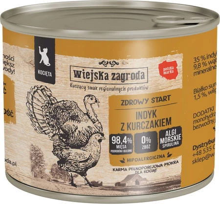 Zestaw 12x Wiejska Zagroda Indyk z kurczakiem dla kociąt - mokra karma dla kota - 200g