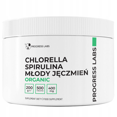 Progress Labs Chlorella + Spirulina + Młody Jęczmień Organic 100%- 500 Tabl.