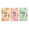 Zestaw smaków: 1x True Dates Cinnamon Roll daktyle o smaku karmelowym 100g, 1x True Dates Watermelon daktyle o smaku arbuza 100g i 1x True Dates Sweet Peach daktyle o smaku słodkiej brzoskwini 100g