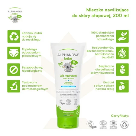 Alphanova Bebe Bio, Mleczko nawilżające, do skóry normalnej i wrażliwej, 200 ml