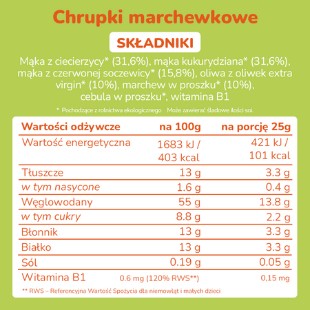 Smileat, Bio Smilondas, Chrupki z ciecierzycy, kukurydzy i soczewicy, marchewkowe 15m+, 25 g