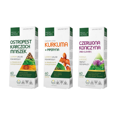 Zestaw: 1x Medica Herbs Ostropest Karczoch Mniszek 60 kaps, 1x   Medica Herbs Czerwona Koniczyna Red Clover 60 kaps i 1x Medica Herbs Kurkuma + Piperyna 60 kaps.