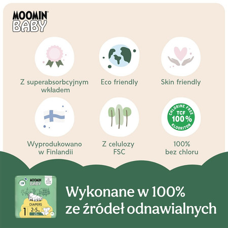 MOOMIN Baby, Pieluszki 1 NEWBORN 2-5 kg, 25 szt. EKO
