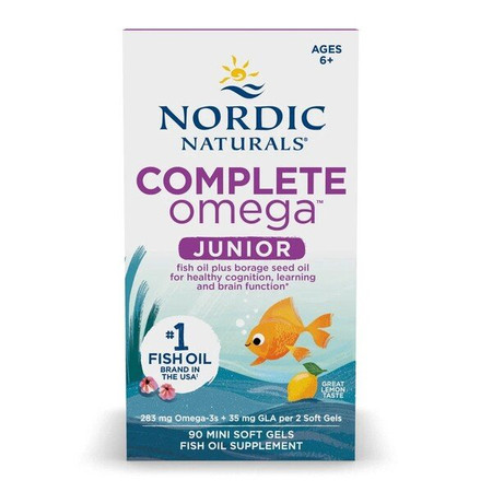 Nordic Naturals Complete Omega 3-6-9 Junior 283 mg na wsparcie pracy mózgu 90 mini kaps. smak lemon